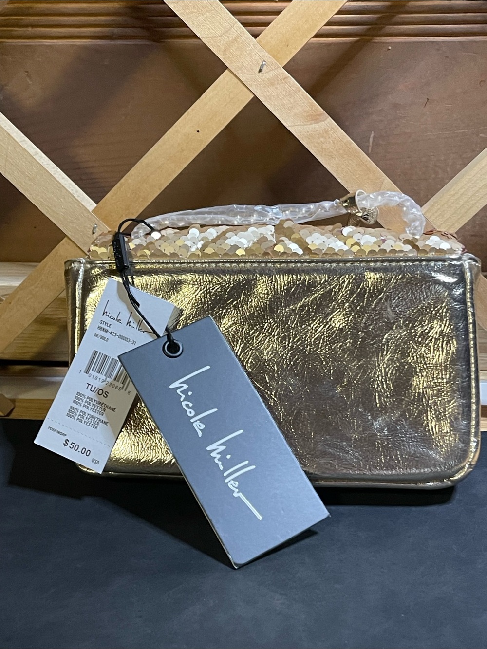 NWT Nicole Miller New York Metallic Gold Sequin Crossbody /Wristlet